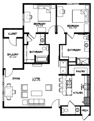 Floor plan for 2 beds, 2.5 baths, 1270 sqft